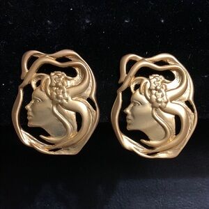 Gold Art Nouveau Lady Silhouette Head Clip Earrings